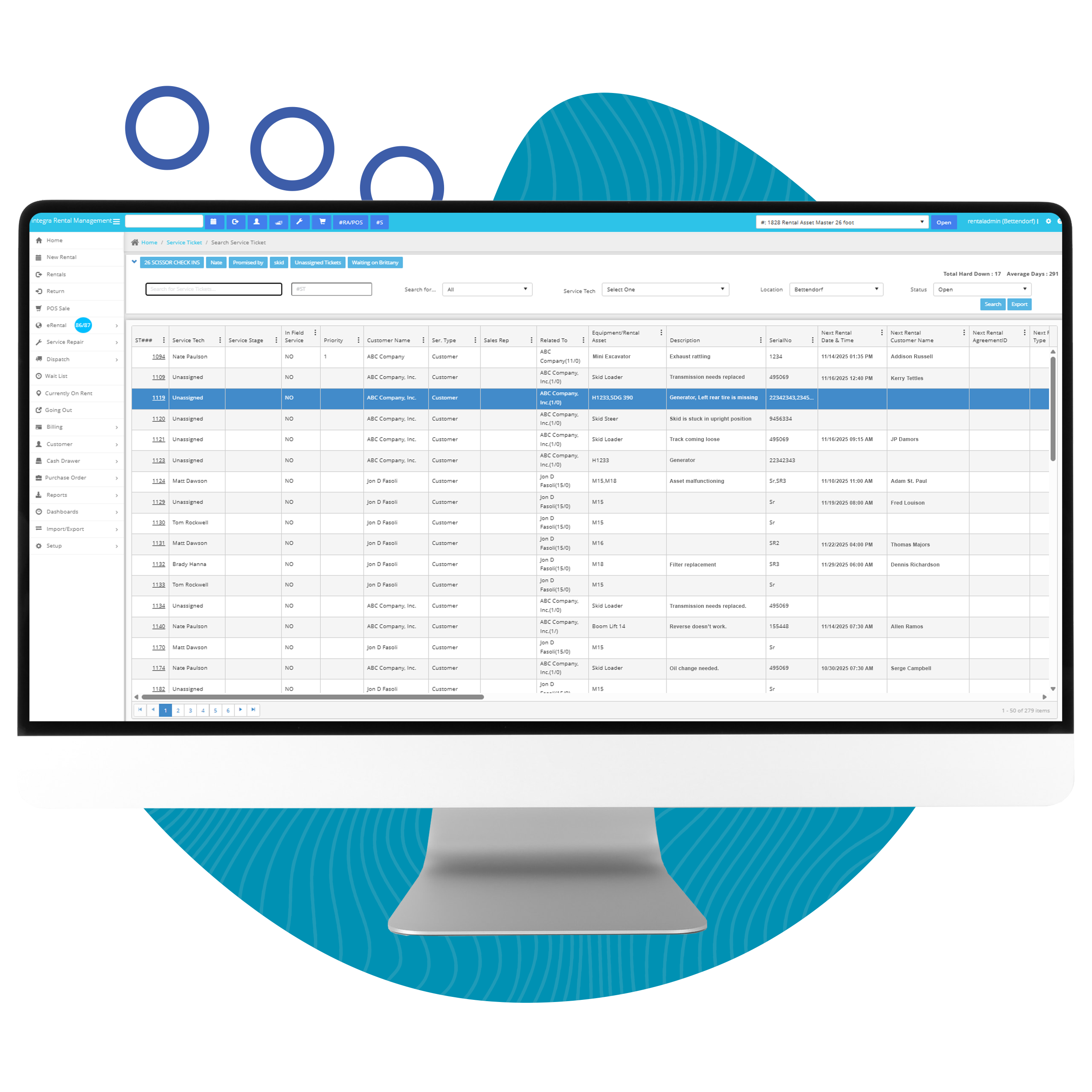 a view of the Scheduled Maintenance grid, part of integraRental's in-depth equipment service and repair features